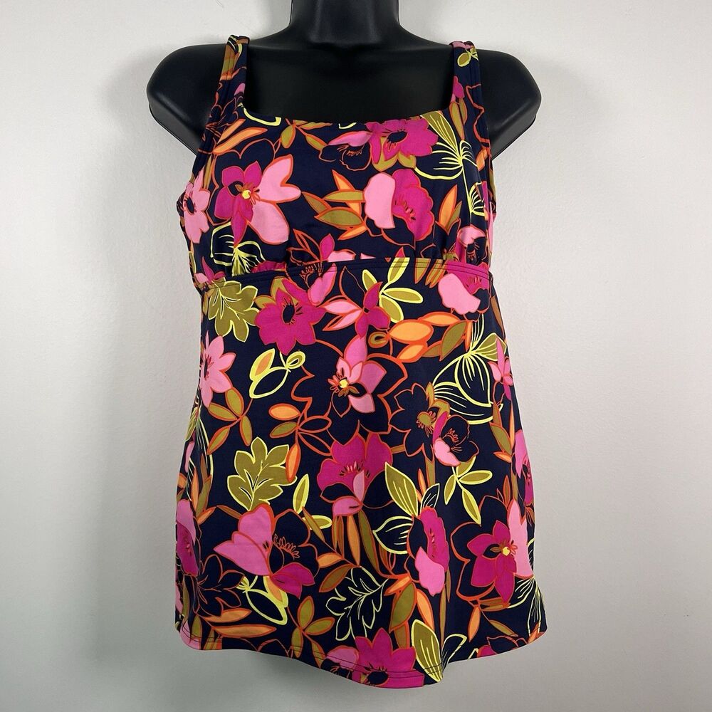 Lands' End Womens 8L Tankini Swim Top Hawaiian Flower Black Neon Built in Bra